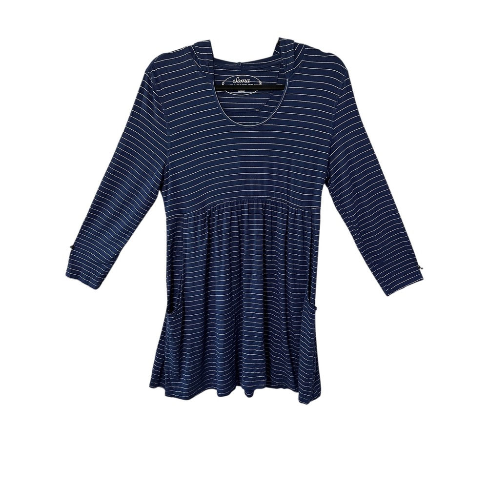Soma Lounge Dress Striped Navy Blue White 3/4 Sleeve Pockets Medium